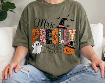 Comfort Colors® Halloween Teacher Shirt, Personalized Teacher Tee, Spooky Teacher Shirt, Ghost Pumpkin Teacher Gift