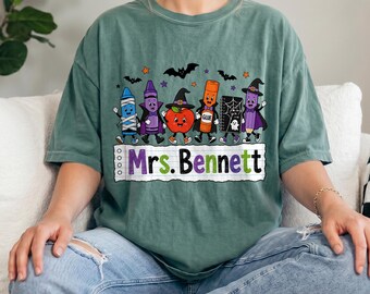 Comfort Colors® Personalized Halloween Teacher Shirt, Spooky School Supplies Shirt, Custom Teacher Halloween Gift, Fall Teacher Tee