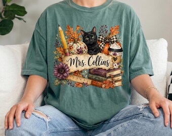 Comfort Colors® Personalized Fall Teacher Shirt, Autumn Teacher Shirt, Black Cat Teacher Gift, Pumpkin Books Back to School Teacher Tee