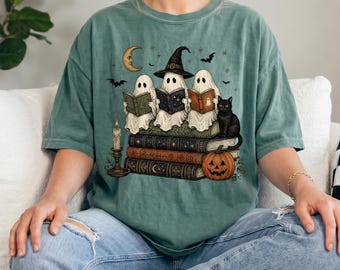 Comfort Colors® Halloween Book Lover Shirt, Reading Ghost Shirt, Spooky Reader Tee, Witchy Bookish Tee, Librarian Halloween Gift
