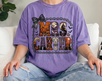 Comfort Colors® Personalized Teacher Shirt, Spooky Teacher Tee, Halloween Teacher Shirt, Custom Teacher Gift, Pumpkin Teacher Tee