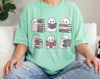 Comfort Colors® Cute Ghost Reading Shirt, Book Lover Ghost Tee, Spooky Bookish Shirt, Halloween Reader Shirt, Librarian Halloween Gift
