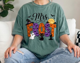Comfort Colors® Halloween Teacher Shirt, Personalized Teacher Tee, Spooky Teacher Shirt, Ghost Cat Teacher Gift, Fall Tee