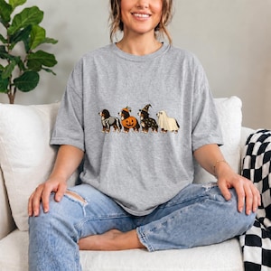 Peut inclure: Un t-shirt gris chiné à manches courtes avec un motif représentant quatre chiens bouviers bernois en costumes d'Halloween. Les chiens sont déguisés en squelette, en citrouille, en sorcier avec un chapeau et en fantôme sous un drap blanc.