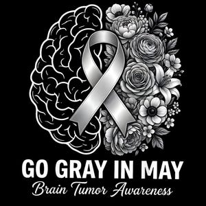 Könnte beinhalten: Schwarze Grafik mit stilisiertem Gehirn, silbernem Band und Blumenarrangement. Der Text "GO GRAY IN MAY Brain Tumor Awareness" ist in Weiß dargestellt.