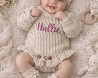 Custom Embroidered Baby Romper,Personalized Baby Name Knit Ruffle Romper, Baby Shower Gift, Ruffle Infant Romper, First Birthday Gift