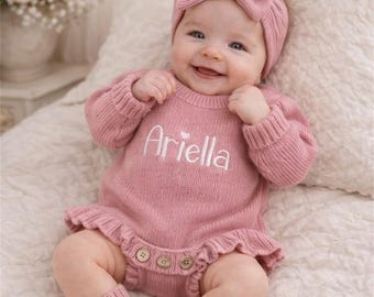 Hand Embroidered Name Baby Romper Set,Personalized Outfit, Baby Girl Romper, Coming Home, Organic Cotton Knit,Gender Neutral,Birthday Gift