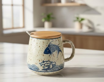 Taza de café de cerámica retro japonesa con tapa y cuchara, 350 ml, resistente al calor.