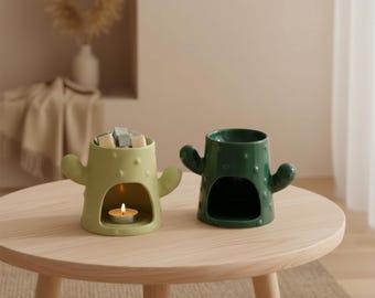 Quemador de aromaterapia de cerámica con forma de cactus, calentador de aceites esenciales y cera fundida, decoración de incienso para el hogar