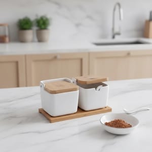 Ceramic Seasoning Pot Set with Wooden Lids, Bamboo Tray Base, Kitchen Spice Rack Kitchenware