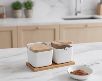 Juego de ollas de cerámica para especias con tapas de madera, base de bandeja de bambú, especiero de cocina.