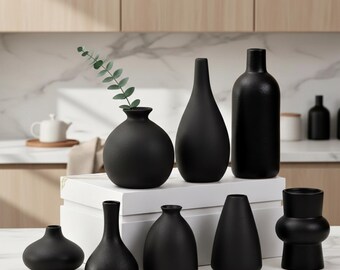 Jarrón negro para decoración del hogar, florero minimalista de cerámica, accesorio para mesa de sala de estar.