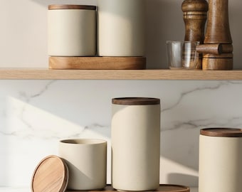 Tarro de cerámica retro con tapa de madera para té, café y azúcar. Organizador de cocina.