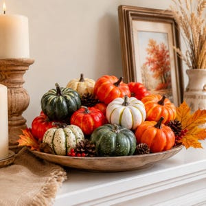 Può includere: Una ciotola in legno riempita con un assortimento di zucche decorative nei toni dell'arancione, verde e bianco, arricchita da pigne, bacche rosse e foglie d'acero arancioni. Le zucche presentano texture varie, tra cui finiture lisce e striate.