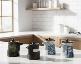 Botella de salsa de soja de cerámica de estilo japonés con tapa, condimento de cocina