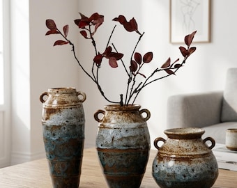 Juego de jarrones de cerámica rústica de estilo vintage en tonos tierra, cerámica hidropónica retro para decoración de mesa y sala de estar.