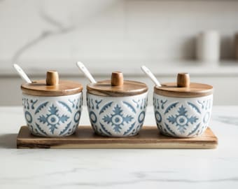 Tarro de cerámica retro para condimentos con tapa, salero y pimentero, organizador de especias de cocina