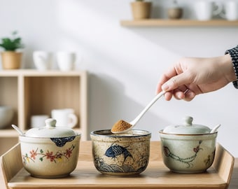 Tarro de cerámica para especias con tapa y cuchara, utensilio de cocina, recipiente para especias de estilo japonés.