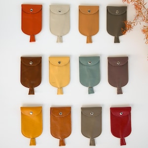 May include: Twelve leather pouches in a range of colours, such as orange, beige, tan, and brown. Each pouch features a flap with a snap closure and a small tab at the base. The pouches are displayed against a white backdrop.