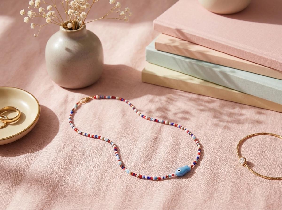 Kralenketting met blauw vis bedel in rood wit blauw tinten - Afbeelding 1