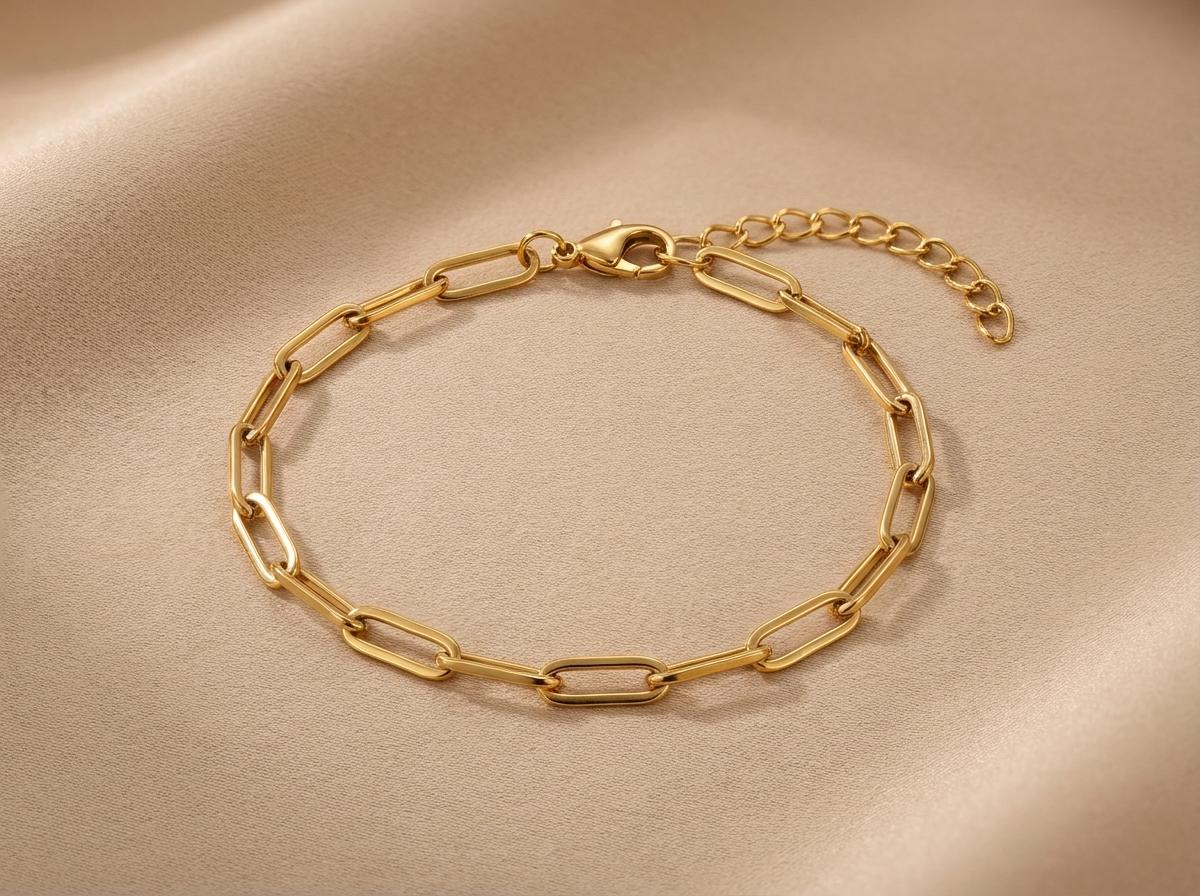 Goudkleurige schakelarmband van roestvrij staal | Minimalistische paperclip armband met verlengketting - Afbeelding 1