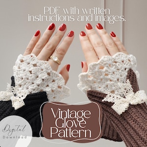 Puede incluir: Descarga digital de un patrón de guantes vintage. La imagen muestra dos guantes sin dedos de ganchillo, uno negro y otro marrón, con ribete de encaje blanco y lazos. El texto dice "PDF con instrucciones e imágenes escritas."