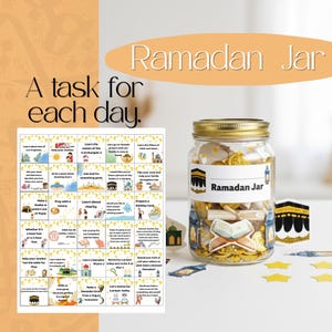 May include: A glass jar labelled "Ramadan Jar" with a gold lid, filled with decorative items. A set of task cards and a decorative Kaaba are also present. The text "A task for each day" is above the cards.