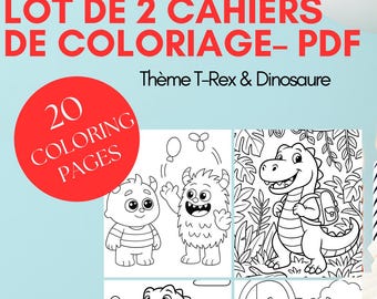 Set of 2 PDF Coloring Books – T-Rex & Little Monsters – 20 Coloring Pages – Instant Download