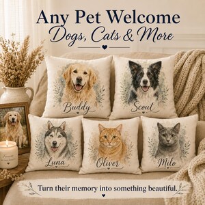 May include: Five square throw pillows featuring watercolor-style portraits of pets. Each pillow displays a unique animal: a golden retriever named Buddy, a border collie named Scout, a husky named Luna, an orange tabby named Oliver, and a gray cat named Milo.