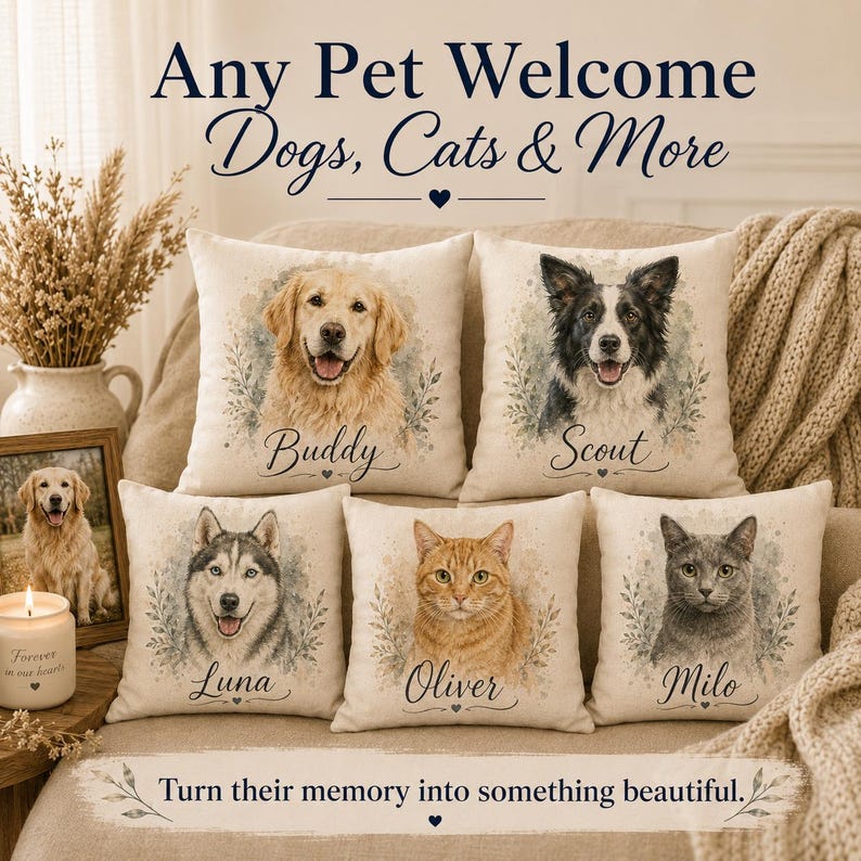 May include: Five square throw pillows featuring watercolor-style portraits of pets. Each pillow displays a unique animal: a golden retriever named Buddy, a border collie named Scout, a husky named Luna, an orange tabby named Oliver, and a gray cat named Milo.
