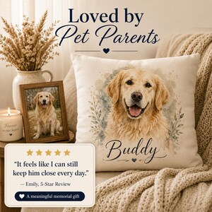 May include: A square off-white throw pillow featuring a watercolor-style illustration of a golden retriever with the name Buddy printed below in black script. The pillow is decorated with subtle leaf accents and a small heart icon.