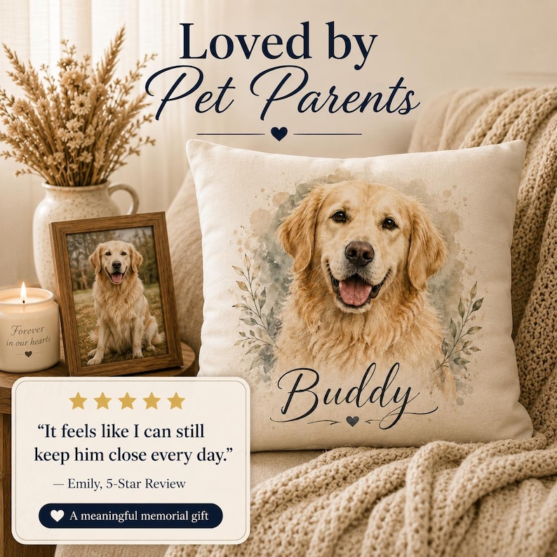 May include: A square off-white throw pillow featuring a watercolor-style illustration of a golden retriever with the name Buddy printed below in black script. The pillow is decorated with subtle leaf accents and a small heart icon.