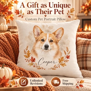 May include: A square throw pillow featuring a custom portrait of a tan and white Corgi dog. The design includes the name Cooper in script text, surrounded by a wreath of autumn leaves. The text A Gift as Unique as Their Pet is printed above.