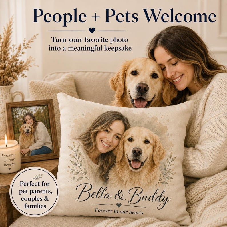 May include: A square throw pillow featuring a printed illustration of a person and a golden retriever. The text reads Bella & Buddy and Forever in our hearts. The design includes watercolor-style foliage accents on a light beige fabric background.