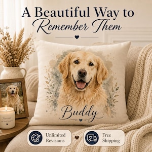 May include: A square throw pillow featuring a watercolor-style portrait of a golden retriever dog. The name Buddy is printed in black script below the dog, flanked by small leaf illustrations. The pillow has a light beige, textured fabric finish.