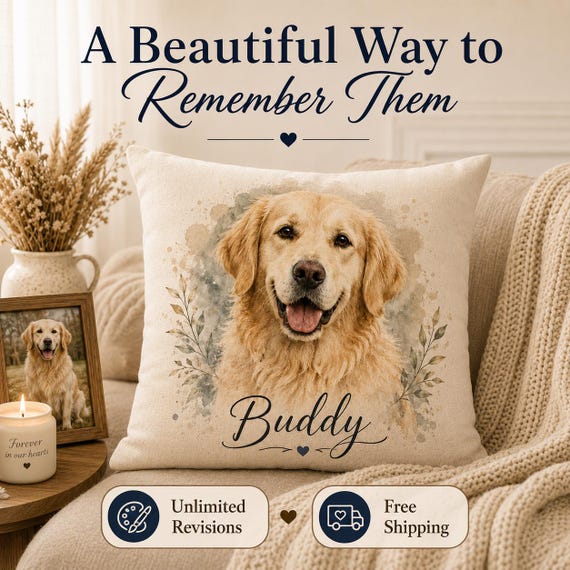 Custom Pet Memorial Pillow Personalized Watercolor Dog Cat Portrait Pet Loss Keepsake Throw Pillow Remembrance Gift for Dog Mom Dad
