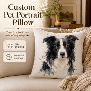 May include: A custom pet portrait pillow featuring a watercolor painting of a black and white dog. The pillow is on a beige couch with a cozy blanket. The text reads "Custom Pet Portrait Pillow" and "Turn Your Pet Photo Into a Cozy Keepsake."
