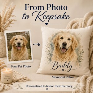 May include: A square off-white throw pillow featuring a watercolor-style portrait of a golden retriever and the name Buddy printed in black script. The text From Photo to Keepsake, Your Pet Photo, and Memorial Pillow appear on the image.