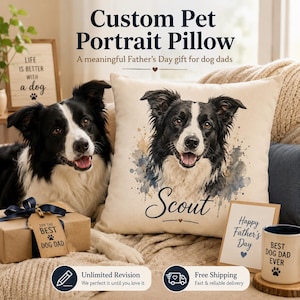 May include: A square throw pillow featuring a watercolor-style portrait of a black and white Border Collie with the name Scout printed below. The pillow is displayed alongside a gift box with a tag reading For the Best Dog Dad and a mug reading Best Dog Dad Ever.