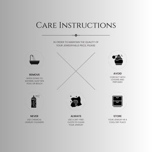 Puede incluir: Instrucciones gr&aacute;ficas para el cuidado de joyas. El texto incluye: "Quitarse al ducharse", "Evitar el contacto con lociones y perfumes", "Nunca usar limpiadores qu&iacute;micos", "Usar siempre un pa&ntilde;o sin pelusa" y "Guardar en un lugar fresco y seco".