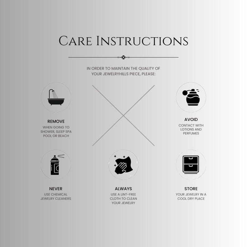 Puede incluir: Instrucciones gr&aacute;ficas para el cuidado de joyas. El texto incluye: "Quitarse al ducharse", "Evitar el contacto con lociones y perfumes", "Nunca usar limpiadores qu&iacute;micos", "Usar siempre un pa&ntilde;o sin pelusa" y "Guardar en un lugar fresco y seco".