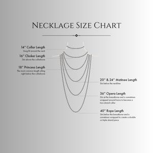 Puede incluir: Un gr&aacute;fico de tallas de collares sobre un fondo gris. El gr&aacute;fico muestra diferentes longitudes de collares, incluyendo 35,5 cm de collar, 40,6 cm gargantilla, 45,7 cm princesa, 50,8 cm y 61 cm matin&eacute;, 91,4 cm &oacute;pera y 101,6 cm cuerda.
