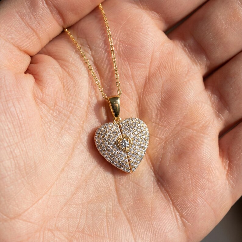 Collar con colgante de corazón de oro pavé de 14 quilates con diamantes, regalo para esposa imagen 2