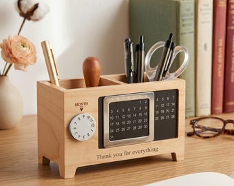 Wooden Pen Holder with Calendar, Personalized Desk Organizer, Minimalist Wood Pencil Holder, Office Desk Storage, Teacher Gift, Home Decor