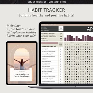 May include: A digital habit tracker displayed on a laptop and tablet. The laptop screen shows a detailed habit tracking chart with daily goals and progress bars. The tablet displays the text "How Small Steps Create Big Change."