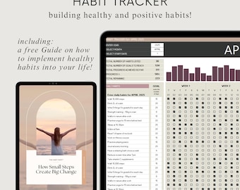 Puede incluir: Un rastreador de hábitos digital que se muestra en una computadora portátil y una tableta. La pantalla de la computadora portátil muestra un gráfico de seguimiento de hábitos detallado con objetivos diarios y barras de progreso. La tableta muestra el texto "How Small Steps Create Big Change."