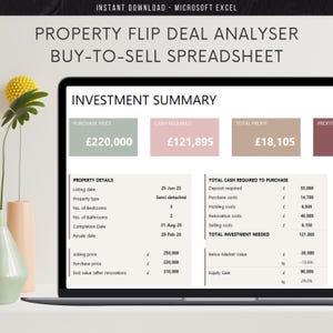 Puede incluir: Una pantalla de portátil muestra una hoja de cálculo de inversión inmobiliaria titulada "Property Flip Deal Analyser Buy-to-Sell Spreadsheet". La hoja de cálculo incluye resúmenes financieros, detalles de la propiedad y el efectivo total requerido. Se muestra el texto "Instant Download - Microsoft Excel".