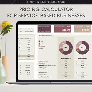 May include: A laptop screen shows a pricing calculator for service-based businesses. The calculator includes sections for final price, profit amount, and pricing scenarios. The text "PRICING CALCULATOR FOR SERVICE-BASED BUSINESSES" is at the top.