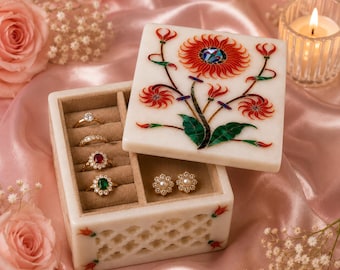 White Marble Jewelry Box with Red Floral Inlay, Handmade Gemstone Ring Organizer, Carved Jali Keepsake Box, Wedding Gift