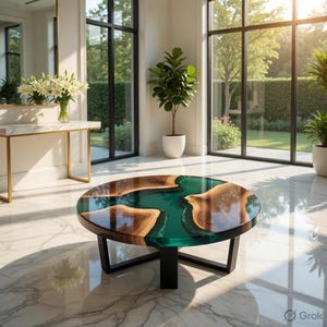 Puede incluir: Una mesa de centro redonda con una estructura de madera oscura y una tapa única. La tapa de la mesa presenta una combinación de madera natural y resina verde azulado transparente y vibrante. La mesa está en una habitación luminosa y moderna con grandes ventanas.